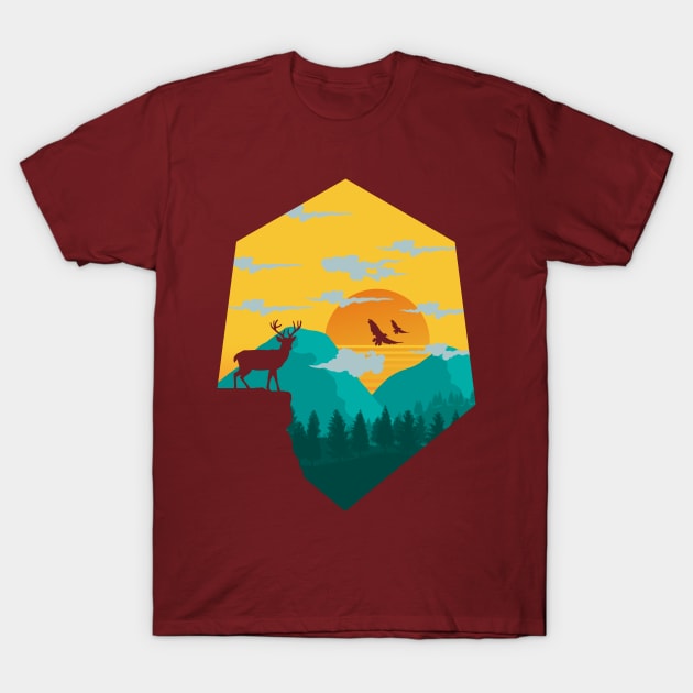 Reindeer Sunset Mountain Nature T-Shirt by Mr Bushido